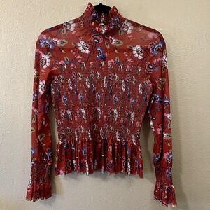 C & V Floral Sheer Mesh Peplum Top Long Sleeve Smocked Mock Neck Red Tone Size M